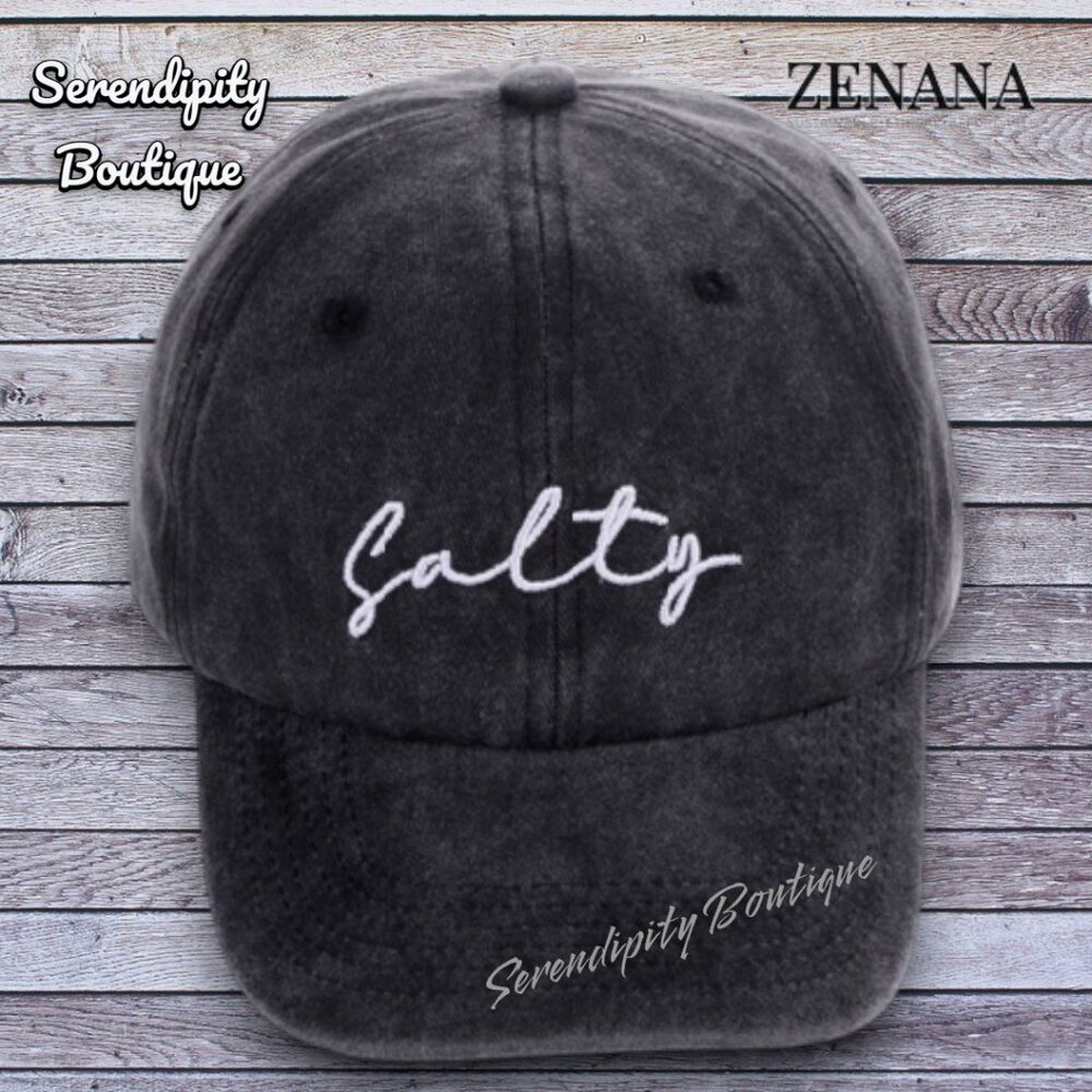 Zenana Salty Embroidered Black Mineral Wash Cotton Baseball Cap Hat - Picture 2 of 7